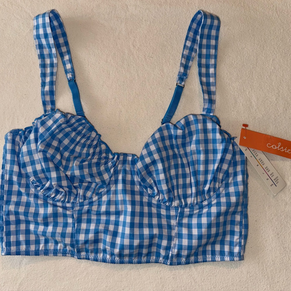 Crop top / bralette, blue & white gingham check, plaid, underwire NWT medium